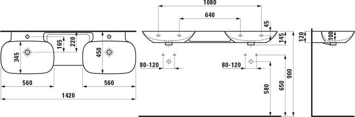 Image du produit Laufen INO lavabo double, sans trou pour robinet, avec trop-plein, 1420x450mm, H814304 (450 mm, 1420 mm)