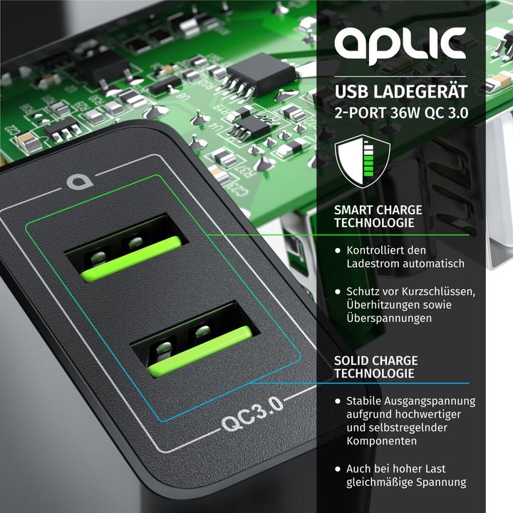 Actual product image Aplic USB charger, 2-port Quick Charge USB charger 36 W / 6000 mA / fast charging function, black (36 W, 2 ports)