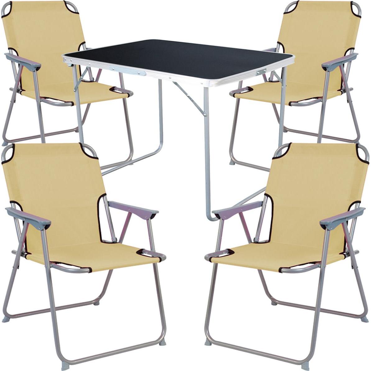 Thumbnail - Mojawo, Gartentisch + Balkontisch, 5-tlg Camping Set Gartenmöbel Campingtisch + 4 Campingstuhl Klappstuhl Beige (70 cm)