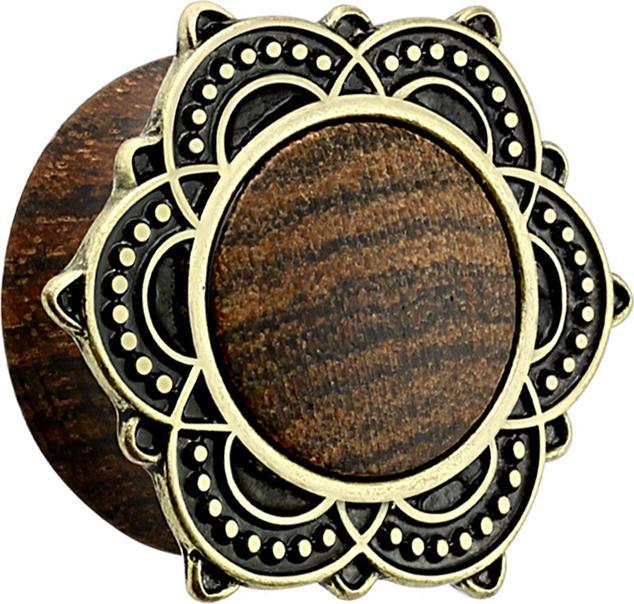 Image du produit Star Piercing Flared Plug en bois de sono avec bouclier tribal fleur de lotus (Organique, Laiton)