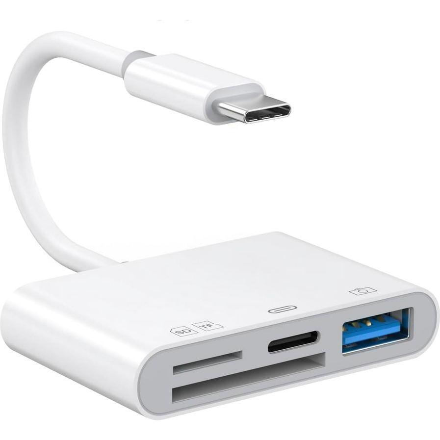 NoName 4-in-1 USB-C Adapter to USB-A / SD / TF / USB-C - White (USB-C, USB-A, USB-C), Adattatore dispositivo mobile, Bianco