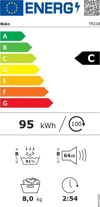 Label énergétique Beko TR218 (8 kg, Droite)