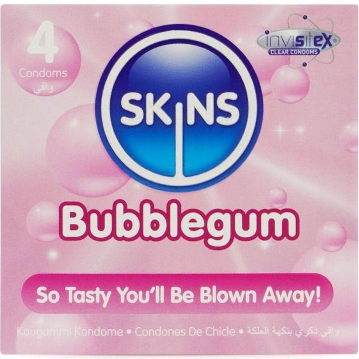 Skins Blow Me Bubblegum» 4 leckere Kondome mit Kaugummi-Aroma - ohne Latexgeruch (4 Stk.)