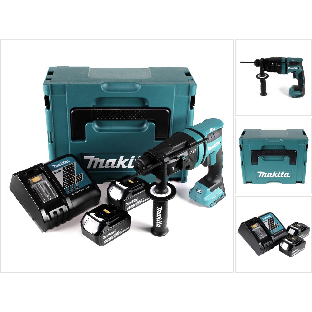Makita, Trapano + Avvitatore a batteria, Trapano a percussione a batteria DHR 182 RFJ 18V 1,7J SDS plus Brushless + 2x batteria 3,0Ah +