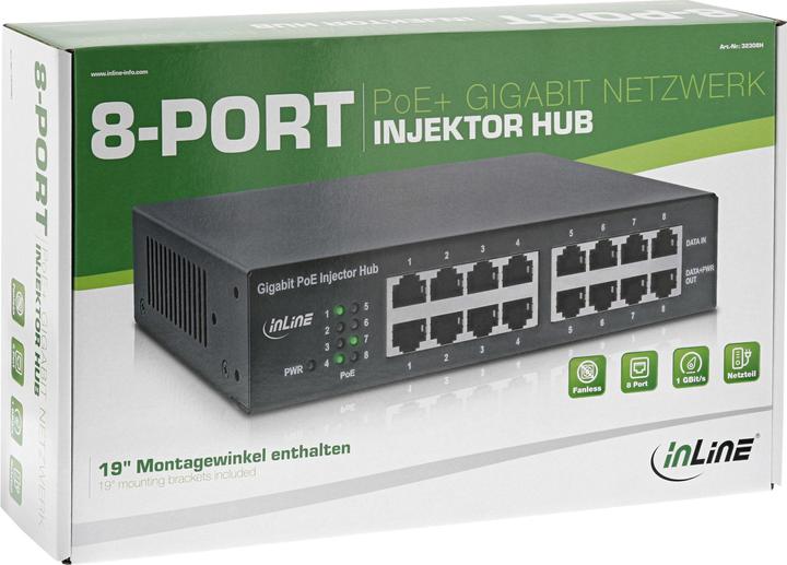 Produktbild InLine PoE+ Gigabit Injektor Hub 8 Port (8x PoE+) (802.3af (PoE), 802.3bt (PoE++), 802.3at (PoE+), 120 W)