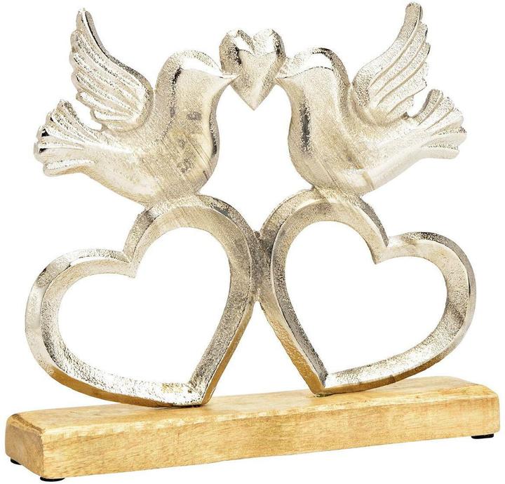 G. Wurm Présentoir oiseau sur coeur, sur socle en bois de manguier, en métal argenté (L/H/P) 25x22x5cm (1 x)