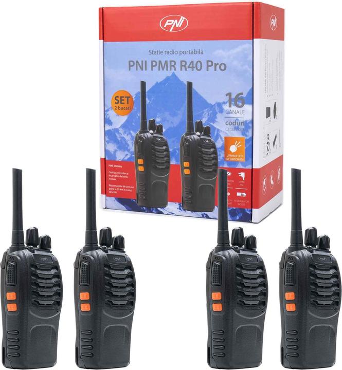 Produktbild PNI Packung mit 4 tragbaren PMR R40 PRO-Radios, Batterien, Ladegeräten und Kopfhörern im Lieferumfan (8 km)