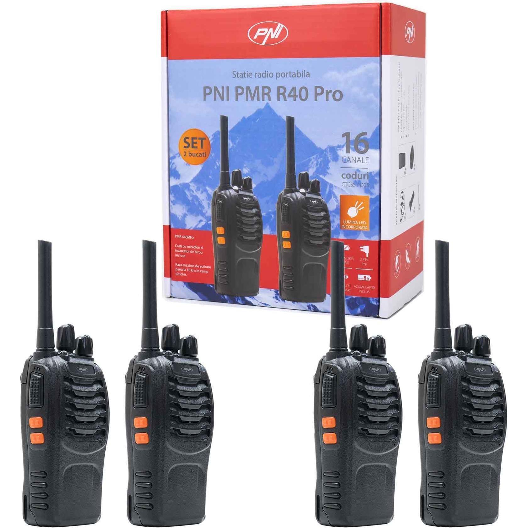 PNI Packung mit 4 tragbaren PMR R40 PRO-Radios, Batterien, Ladegeräten und Kopfhörern im Lieferumfan (10 km), Walkie-Tal...
