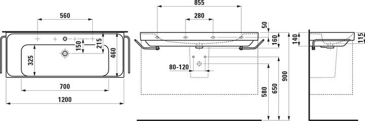 Actual product image Laufen Meda washbasin, undermountable, 1200x460mm, shelf on both sides, without tap hole, without ov (1270 mm, 240 mm)