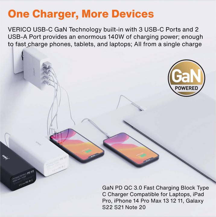 Produktbild Verico Mojo 140W GaN 5 USB-Ladegerät 140W Steckdose Ausgangsstrom (max.) 3250mA Anzahl Ausgänge: 5 (140 W, 5 Ports)