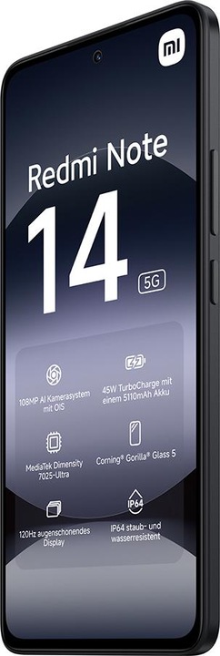 Produktbild Xiaomi Redmi Note 14 5G (128 GB, Midnight Black, 6.67", Dual SIM, 108 Mpx, 5G)