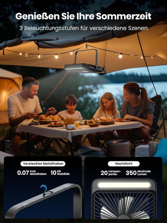 Produktbild Warmco Tragbarer Campingventilator mit LED-Licht (45 dB)