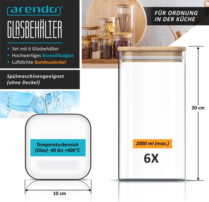 Produktbild Arendo 6x 2 L Vorratsgläser, Glasbehälter, 6er Set, Borosilikat mit Deckel, Aufklebern & Textmarker (2 l)
