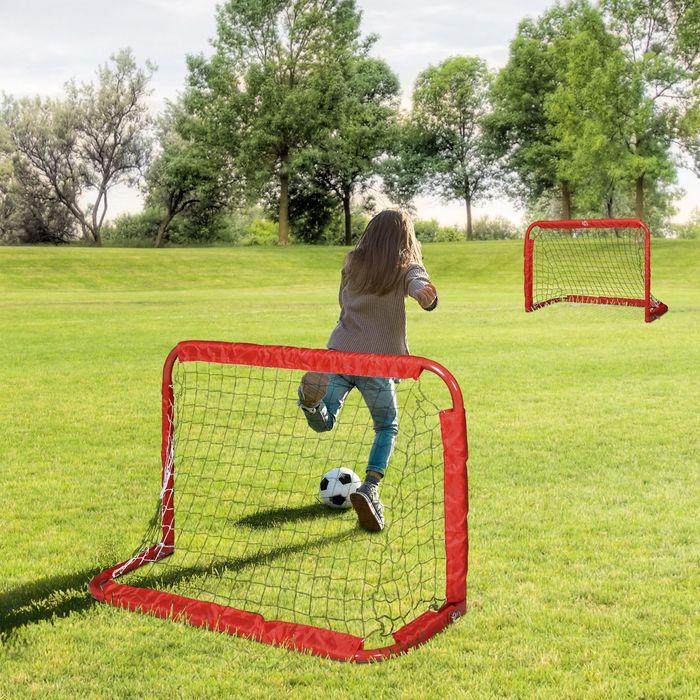 Immagine prodotto Swisshandel24 Porte da calcio, rete da calcio, set di 2 mini porte, pieghevoli, acciaio (Q195), Tetrolon, rosso