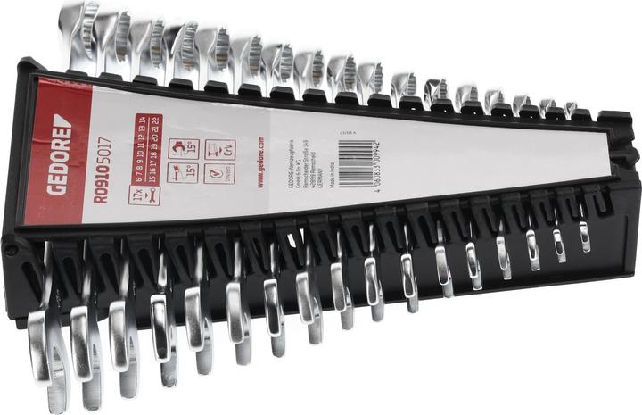 Actual product image Gedore Red red Combination spanner set, 17-piece, SW 6-22, chrome vanadium steel, silver (8 mm, 19 mm, 7 mm, 20 mm, 22 mm, 11 mm, 15 mm, 13 mm, 17 mm, 21 mm, 6 mm, 16 mm, 18 mm, 12 mm, 14 mm, 9 mm, 10 mm)