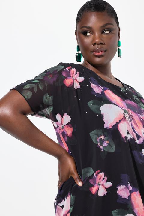 Immagine prodotto Ulla Popken Blusa a doppio strato dal taglio svasato con chiffon, scollo a girocollo e mezze maniche (46, 48)