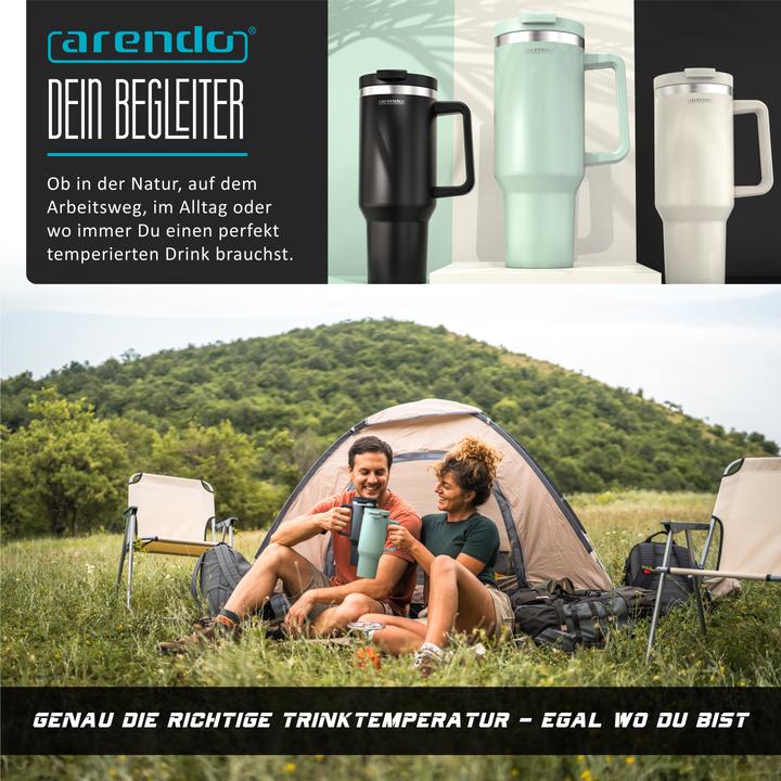 Produktbild Arendo Thermobecher 1200 ml, Thermal Mug, Becher mit Deckel, Henkel & Strohhalm, Tumbler, Edelstahl (1.20 l)