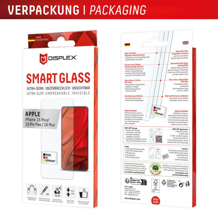 Produktbild Displex Smart Glass, Displayschutzfolie (1 Stk., Apple iPhone 15 Plus, Apple iPhone 15 Pro Max, Apple iPhone 16 Plus)