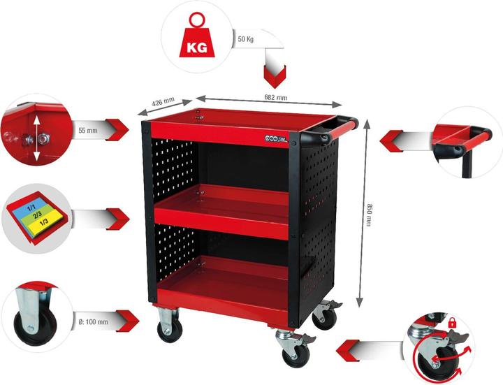 Image du produit KS Tools Chariot de service pour atelier ECOline, avec habillage de panneaux perforés, force 150 kg (1 x)
