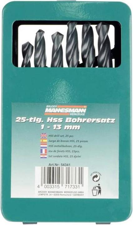 Image du produit Mannesmann Jeu de forets hélicoïdaux HSS 25 pcs. (1 mm, 2 mm, 3 mm, 4 mm, 5 mm, 6 mm, 13 mm, 7 mm, 8 mm, 9 mm, 10 mm, 11 mm, 12 mm)