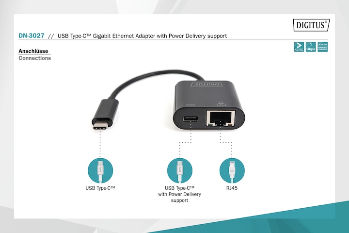 Actual product image Digitus USB Type-C™ Gigabit Ethernet adapter with Power Delivery support (USB-C, RJ45 (1x))