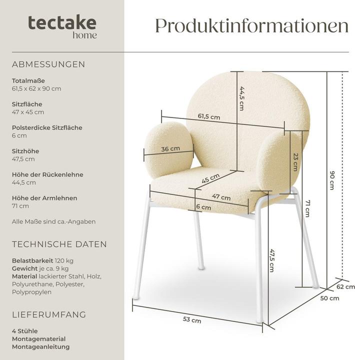 Image du produit tectake Set de 4 chaises Scandi rembourrées