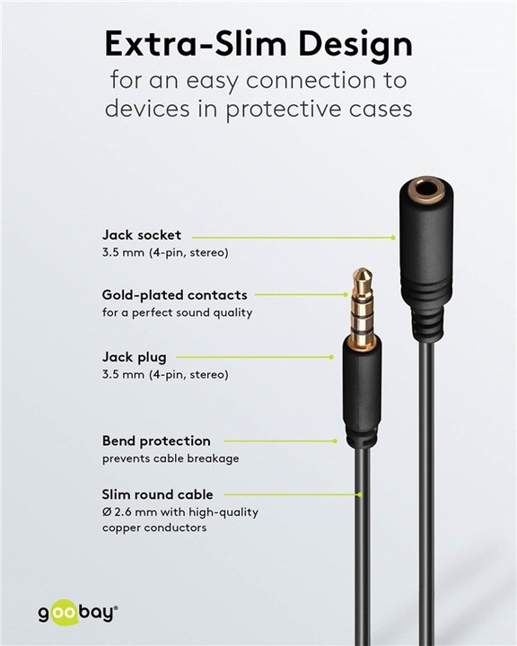 Image du produit Goobay Rallonge casque et audio AUX, 4 pôles 3,5 mm slim, CU (1 m, Jack 3,5 mm (AUX))