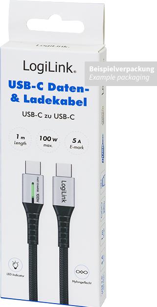 Produktbild LogiLink USB 2.0 Type-C-Kabel, C/M zu C/M, 480 Mbit/s, 100W, LED, Nylon, Metal, schwarz, 2 m (2 m, USB 2.0, 100 W)