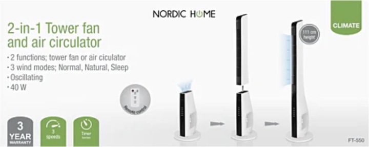 Actual product image Nordic Home 2-IN-1 tower fan and air circulator, 3 speeds