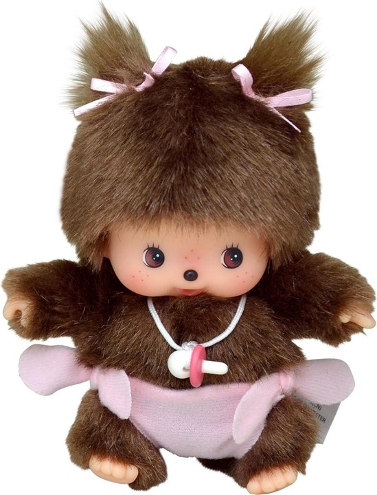 Produktbild Monchhichi Sekiguchi 235380 Original Bebichhichi Mädchen, aus braunem Plüsch, mit Windel und Zöpfen mit Schleif (20 cm)