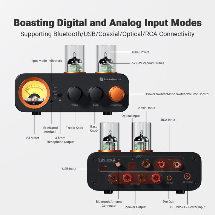 Actual product image Fosi Audio MC331, Verstärker mit Bluetooth, DAC + VU Meter (Tube amplifier)