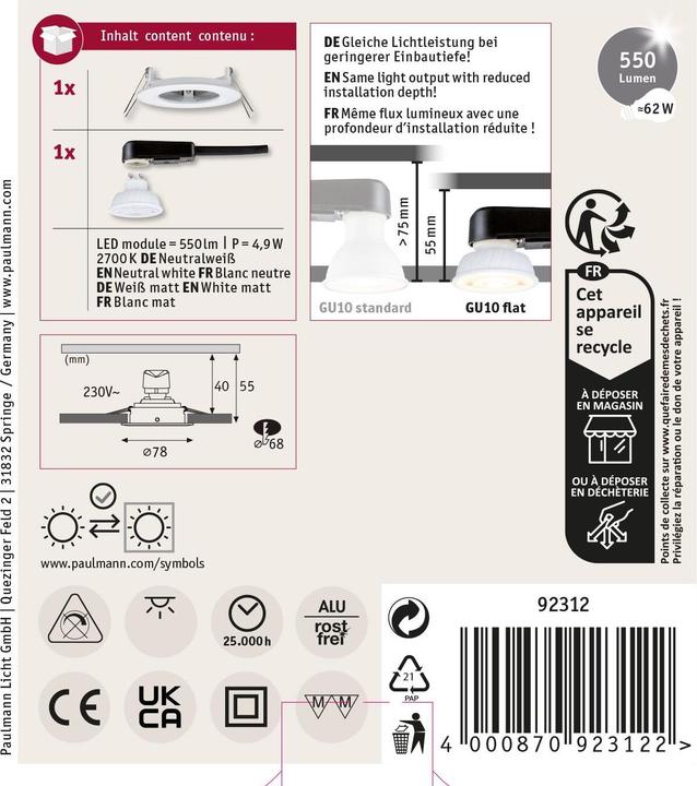 Produktbild Paulmann 92312 Nova LED-Einbauleuchte GU10 4.9 W Weiss (matt) (550 lm, GU10)