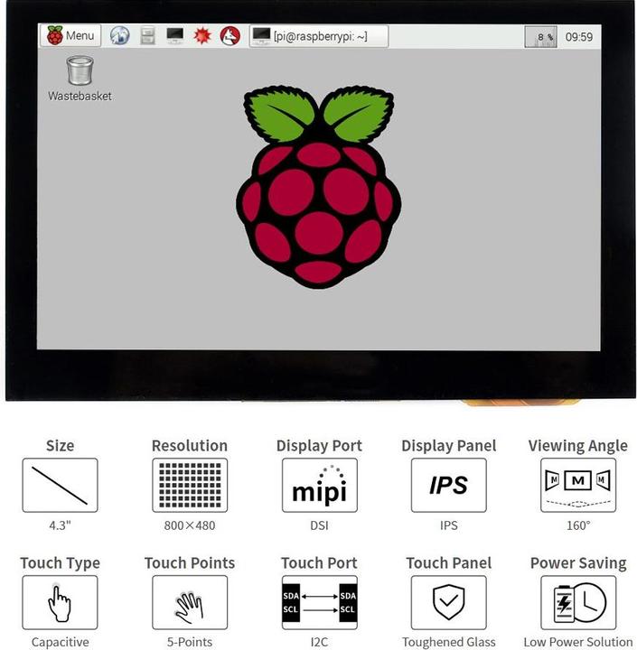 Produktbild WaveShare 4.3inch Capacitive Touch Display für Raspberry Pi DSI Interface 800×480