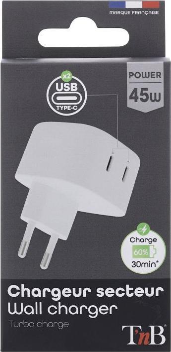 Produktbild T'nB TNB CH2PD45W USB-C Wandladegerät 45 Watt (45 W, 2 Ports)