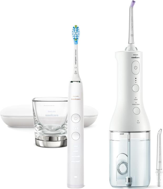 1x C3 Bürstenkopf, 1x F3 Quad Stream-Düse, 1x DiamondClean 9000, 1x Kabelloser Power Flosser, 1x USB-Ladekabel, 1x USB-Wandladegerät, 1x USB-Reiseetui, 1x F1 Standarddüse, 1x Ladeglas