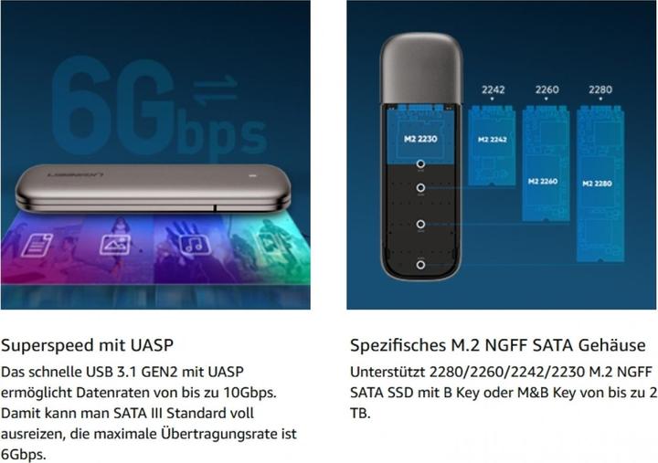 Actual product image Ugreen Enclosure for M.2 NGFF SATA SSD 6 Gbit/s USB-C 3.1 Gen2 (M.2 2230, M.2 2240, M.2 2260, M.2 2242)
