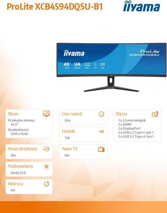 Immagine prodotto iiyama Monitor XCB4594DQSU-B1 (5120 x 1440 pixel, 44.50")