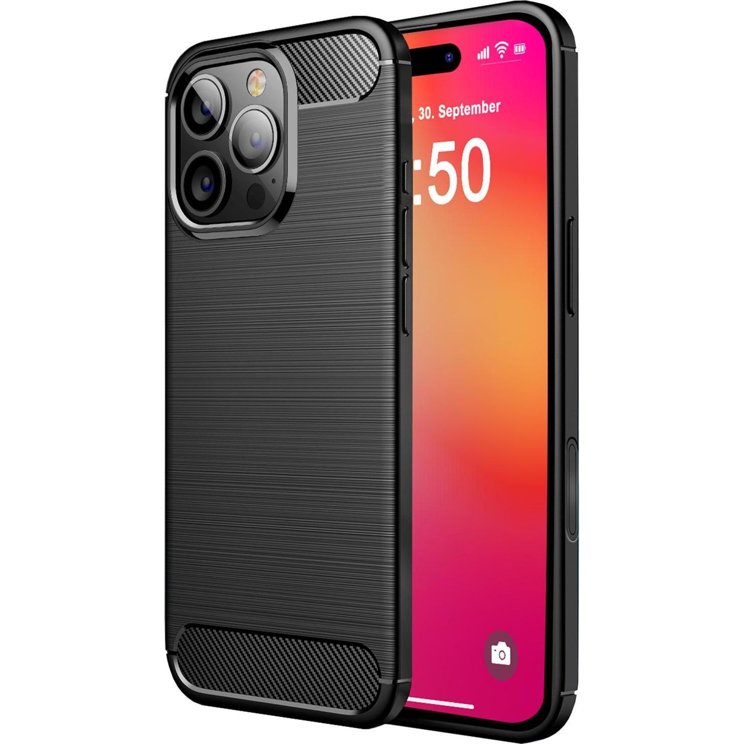 Nalia Carbon-Look Silikon Hülle (Apple iPhone 16 Pro), Smartphone Hülle, Schwarz