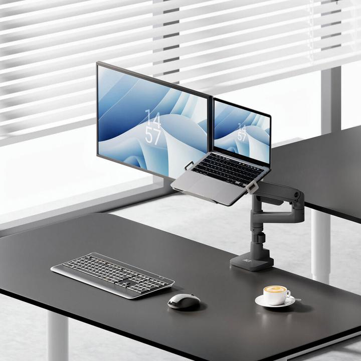 Image du produit ACT Bras simple pour écran et ordinateur portable Office premium, avec vérin à gaz, monté sur pied (Tables, 49")