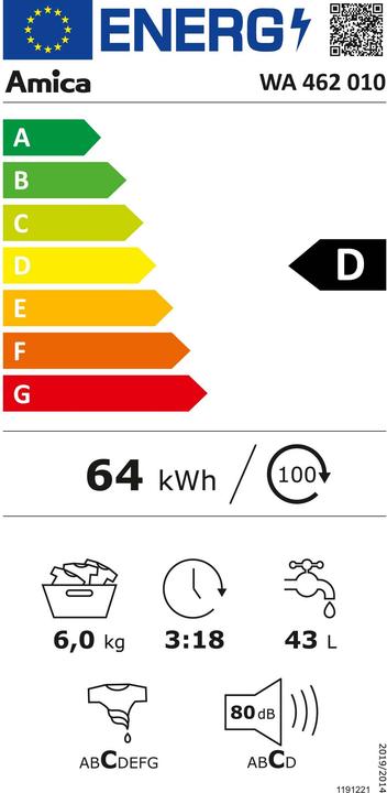 Energie-Label Amica Waschmaschine WA 462 010 Fassungsvermögen 6 kg 1200 U/min (6 kg, Links)