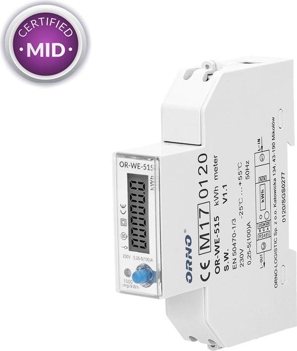 Actual product image Orno 1-phase electricity meter 100A, multi-tariff, RS-485 connection, MID, 1 module, DIN TH-35mm