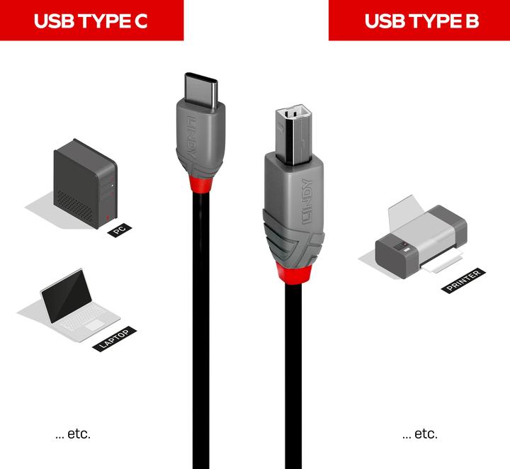 Produktbild Lindy USB 2.0, Type C an B, Cable, Anthra, Line (3 m, USB 2.0)