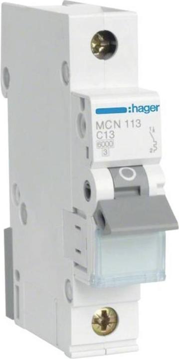Hager MCN113. Number of poles: 1P. AC input frequency: 50/60 Hz, Nominal current output: 13 A. Width: 17.5