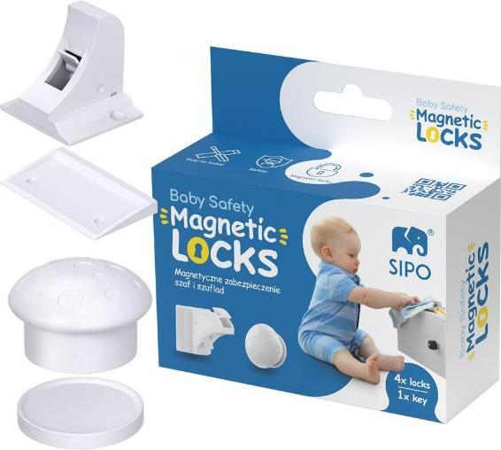 Produktbild Hurt-net Sipo Magnetické zámky na skříně a zásuvky, sada 4 ks + 1x magnetický klíč, BÍLÁ