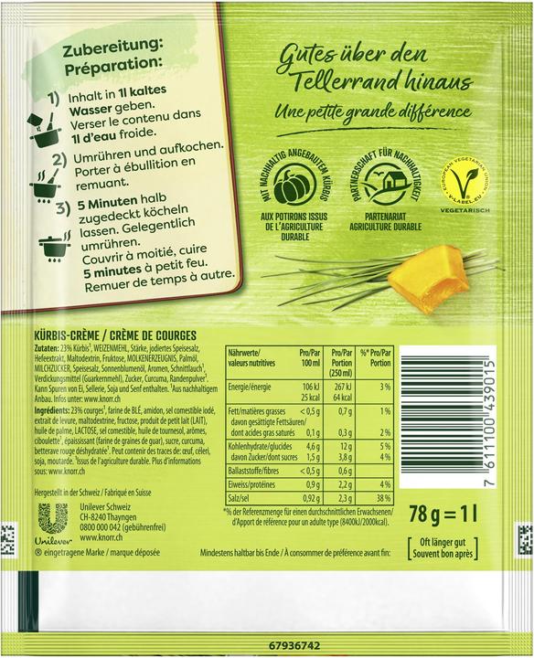 Valeurs nutritives et ingrédients Knorr Potage à la crème de potiron en sachet, extra-crémeux avec morceaux de potiron, facile à préparer (1000 ml)