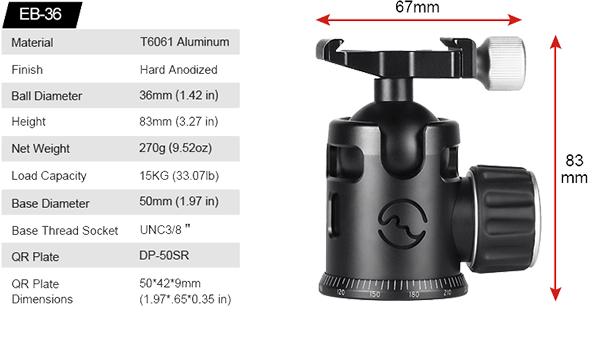 Actual product image Sunwayfoto Epic Series Light-Weight Travel Ball Head EB-36 (Spherical head)
