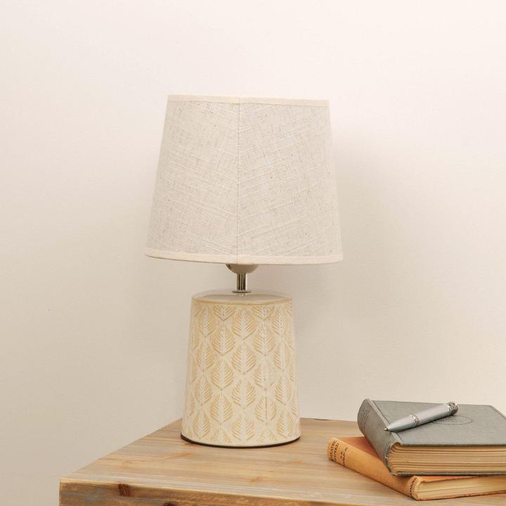 Actual product image Hestia Leaf Print Table Lamp with Beige Linen Shade *(8/6)* (E27)