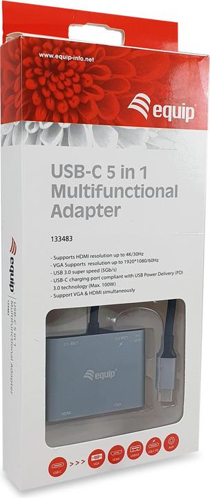 Actual product image equip Adapter 5in1 USB-C->HDMI,VGA/USB3.0,PD,AUX, 0.15 (USB-C, 5 ports)