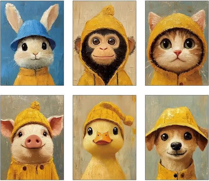 ASMI 6 Stück niedliche Tierkinder, Poster auf Leinwand im Ölgemälde-Stil ungerahmt