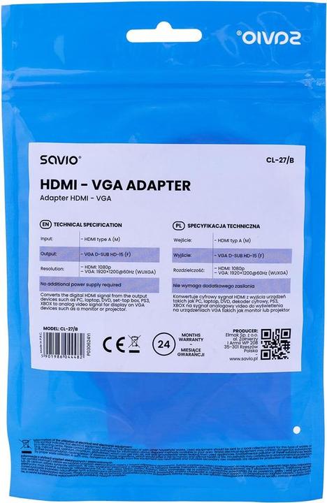 Energy Label Savio CL-27B Video Cable Adapter HDMI Type A (Standard) VGA (D-Sub) (VGA, 15 cm)